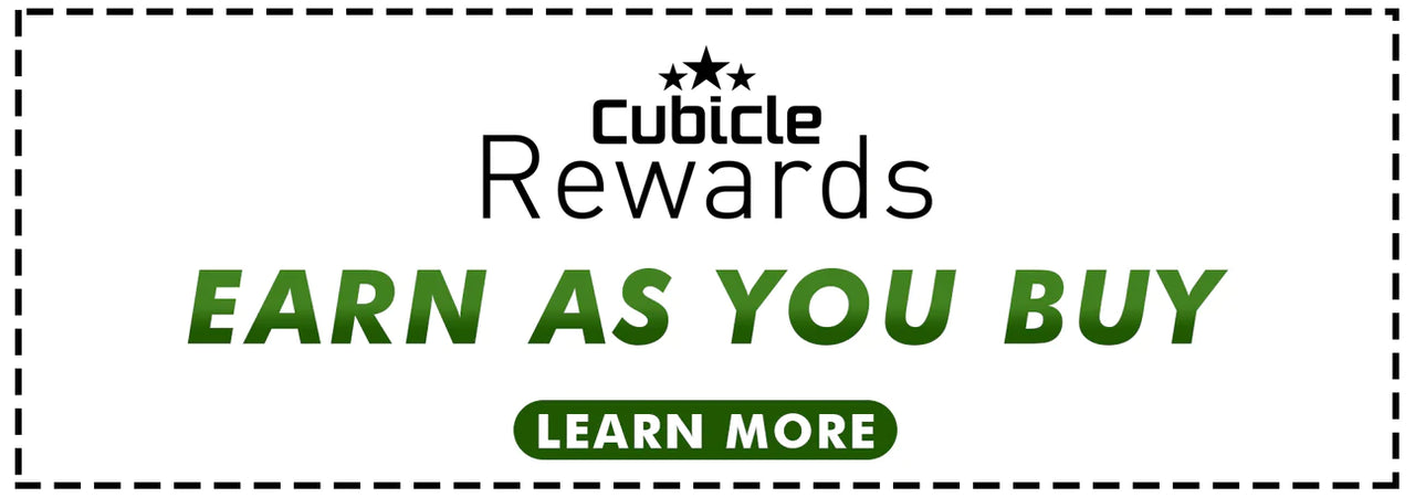 White banner with black and green text. Text reads "Cubicle Rewards EARN AS YOU BUY Learn More"