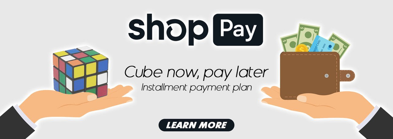 Banner with a hand holding a 3x3 on the left and a hand holding a wallet with cash in it on the right. Text reads "ShopPay Cube now, pay later Installment payment plan LEARN MORE"
